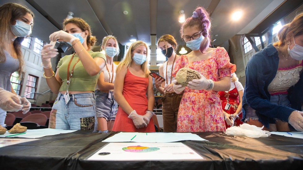 students observing a brain in a science class