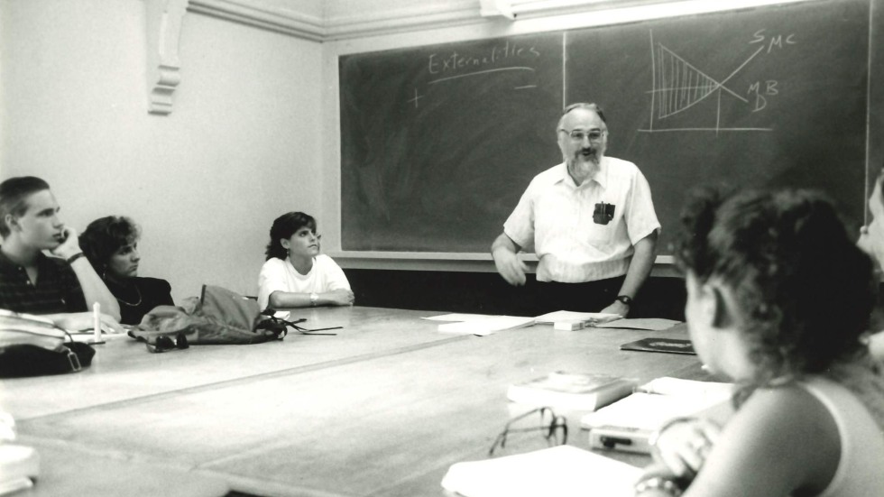 black and white photo of a classroom discussion in the 1980's