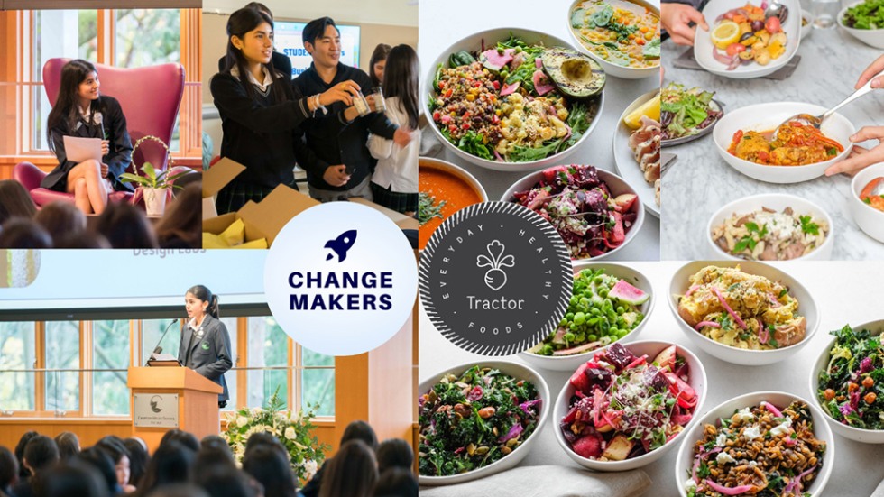 Collage of images from the Empowered Together summit and healthy food with Change Makers logo and Tractor Foods logo