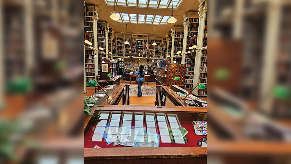 Person standing in a library with their back to the camera