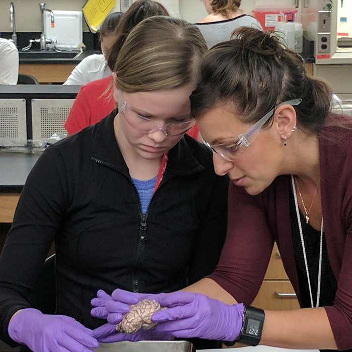 Dr. Lauren Quattrochi working one-on-one with student in laboratory.